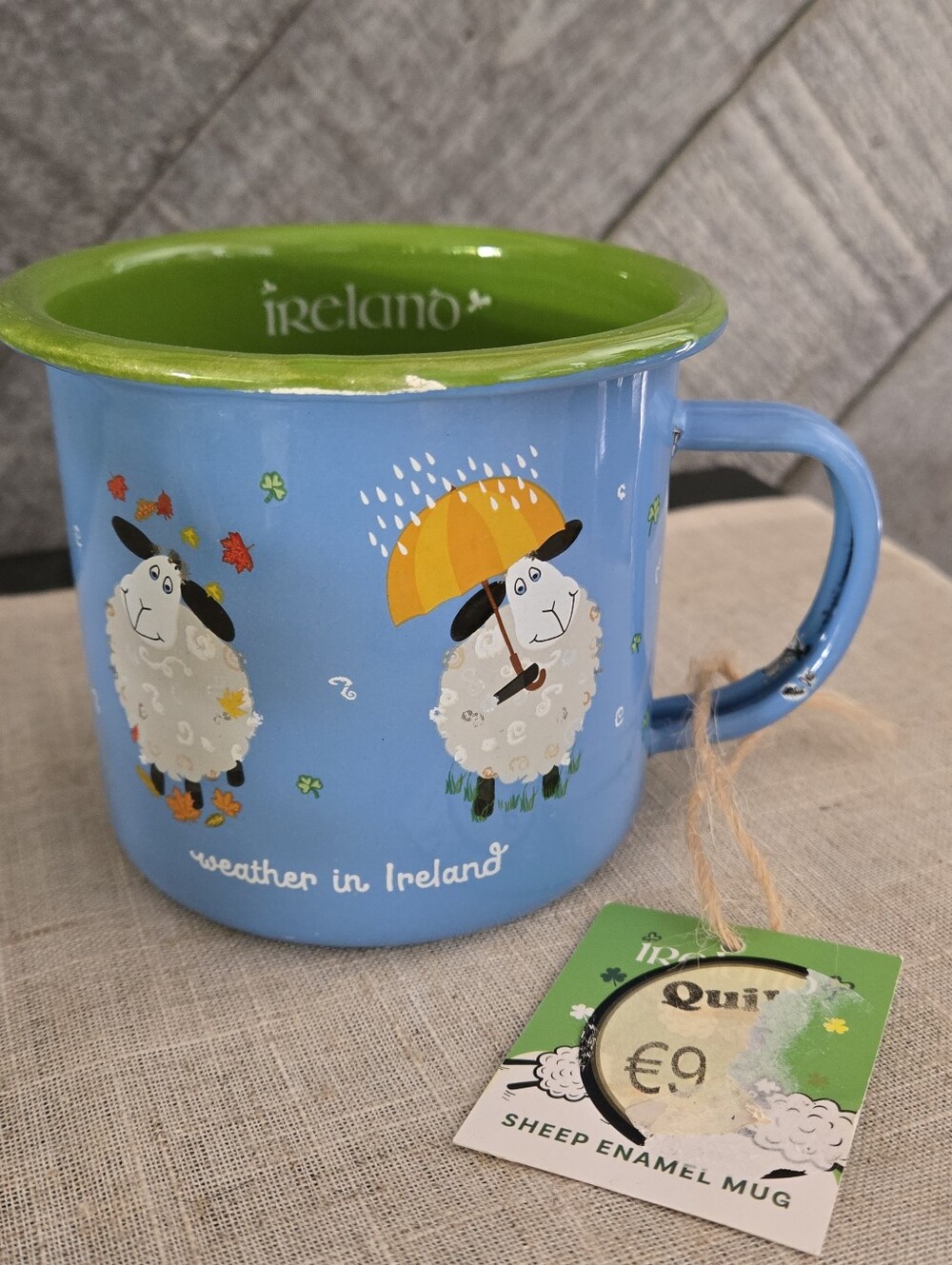 Ireland Sheep Enamel Mug - Blue with Green Interior Rare